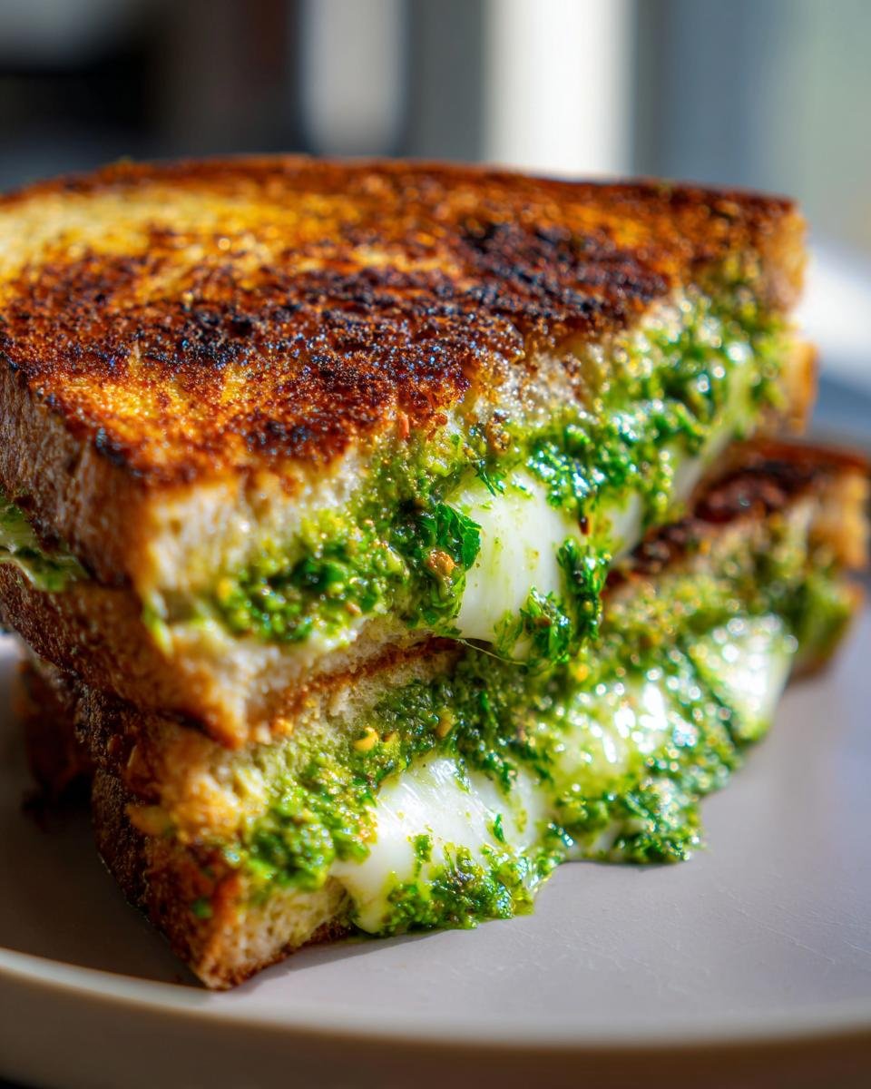 Close-up of a gooey Ultimate Pesto Grilled Cheese sandwich, showing melted cheese and vibrant green pesto.