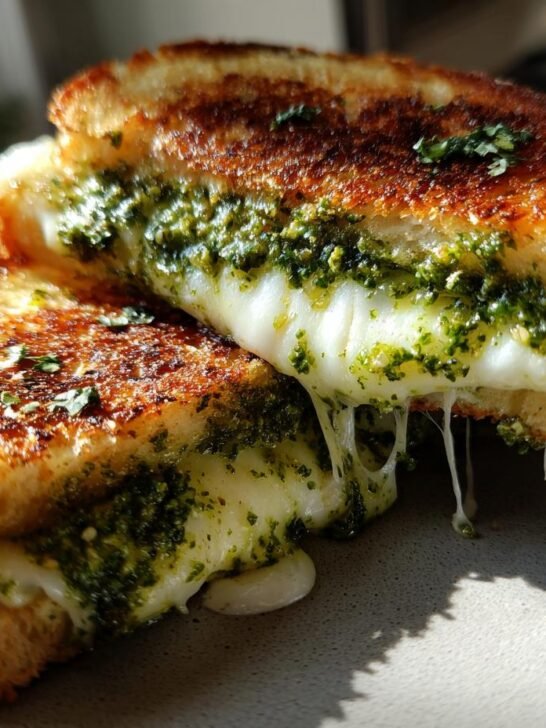 Close-up of the Ultimate Pesto Grilled Cheese, with melted mozzarella cheese oozing out and fresh pesto visible.