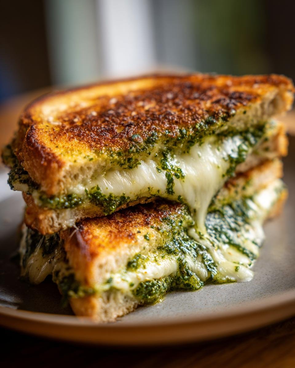 A close-up of the Ultimate Pesto Grilled Cheese, showcasing gooey melted cheese and vibrant pesto between toasted bread.