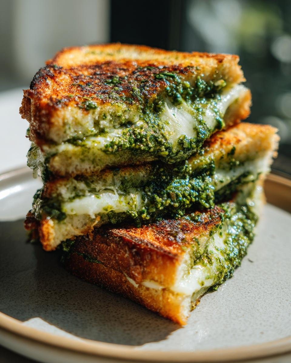 A stack of three Ultimate Pesto Grilled Cheese sandwiches, oozing with melted cheese and pesto.