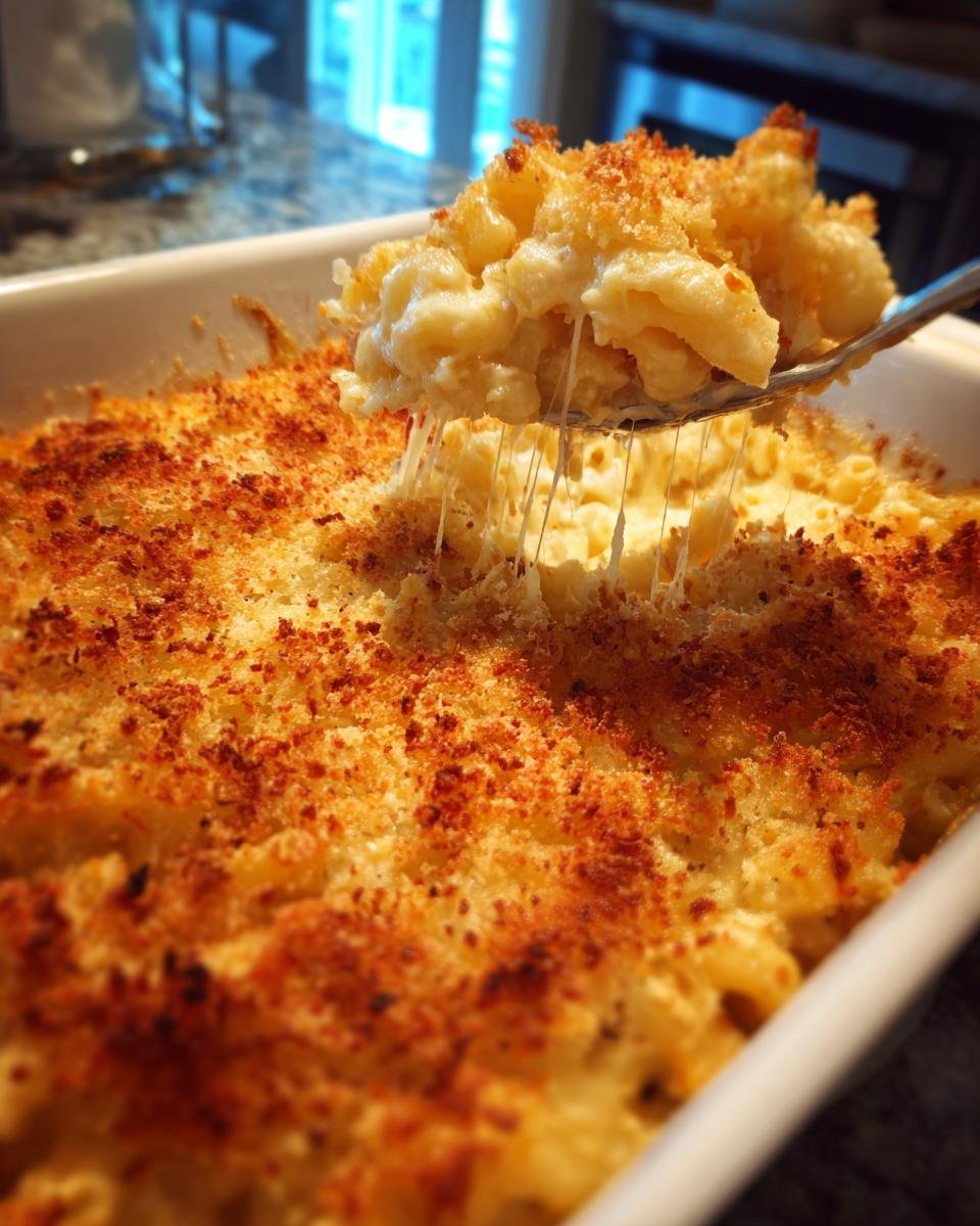 A spoonful of Ultimate Southern Baked Mac and Cheese Recipe Delight, showing gooey cheese strings and a golden-brown crust.