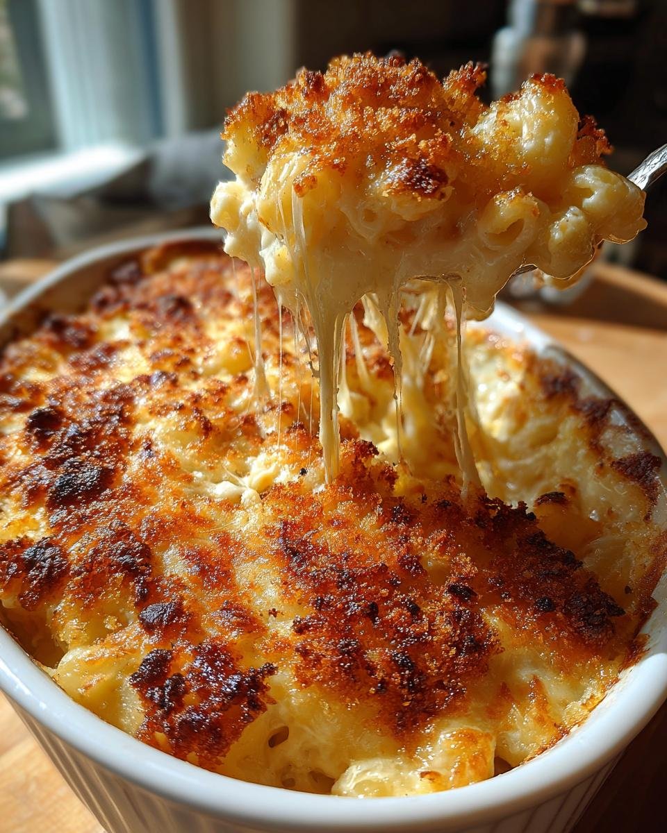 A spoonful of Ultimate Southern Baked Mac and Cheese Delight, with gooey cheese stretching from the dish.