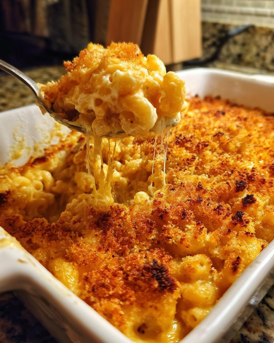 A spoonful of Ultimate Southern Baked Mac and Cheese Recipe Delight, showing gooey cheese strings and a crispy breadcrumb topping.