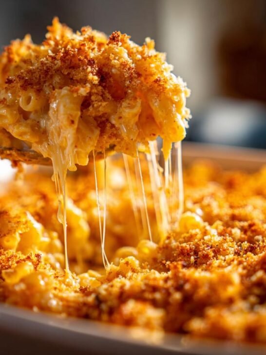 A spoonful of Ultimate Southern Baked Mac and Cheese Recipe Delight, showing gooey cheese pull and crispy breadcrumb topping.