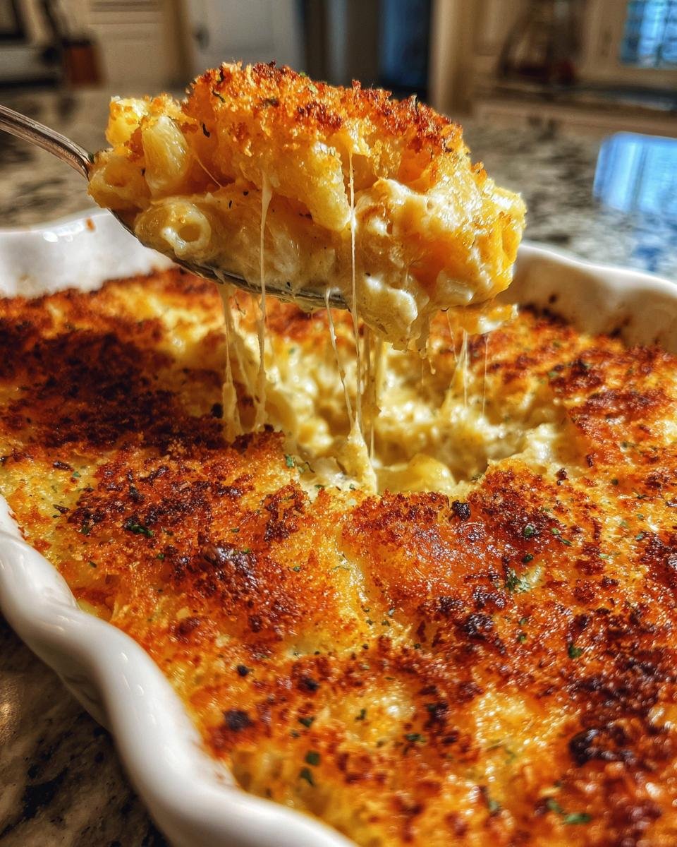A spoonful of Ultimate Southern Baked Mac And Cheese Recipe Delight, showing gooey cheese pull and crispy breadcrumb topping.