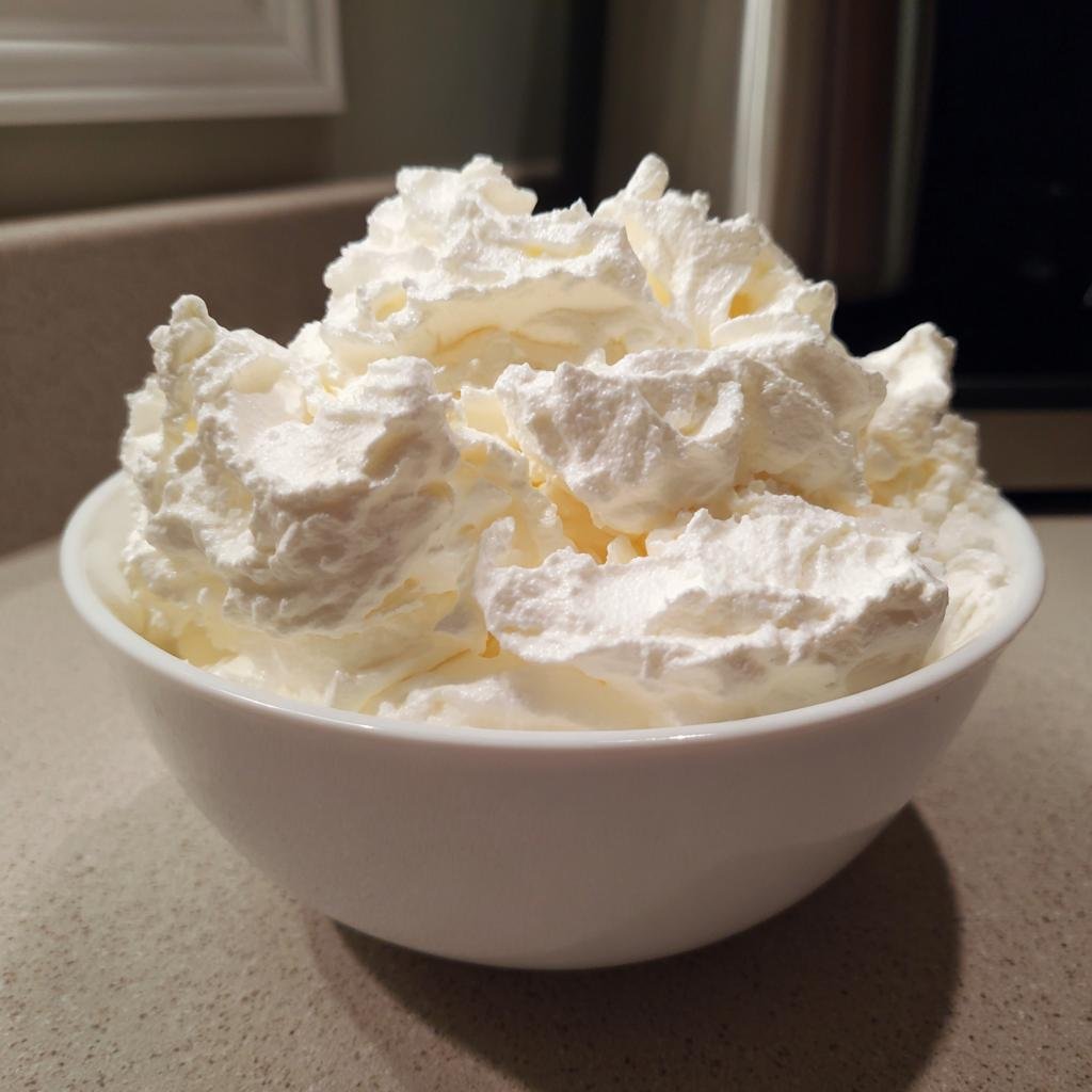 A bowl overflowing with fluffy whipped cream, a perfect topping for a baked potato recipe.