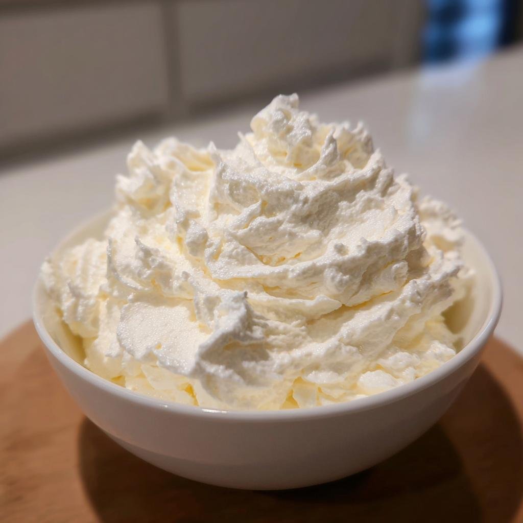 A bowl of fluffy whipped cream, a perfect topping for a baked potato recipe.