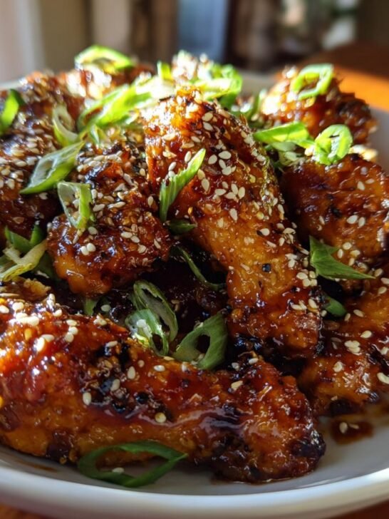 A close-up of a white bowl filled with glistening Air Fryer Honey Garlic Chicken Wings, topped with sesame seeds and chopped green onions.