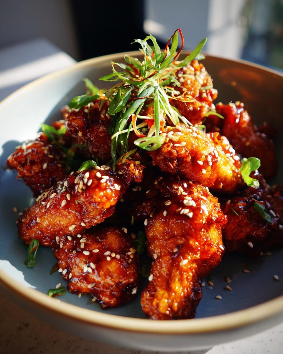 A bowl of glossy Air Fryer Honey Garlic Chicken Wings, sprinkled with sesame seeds and green onions.