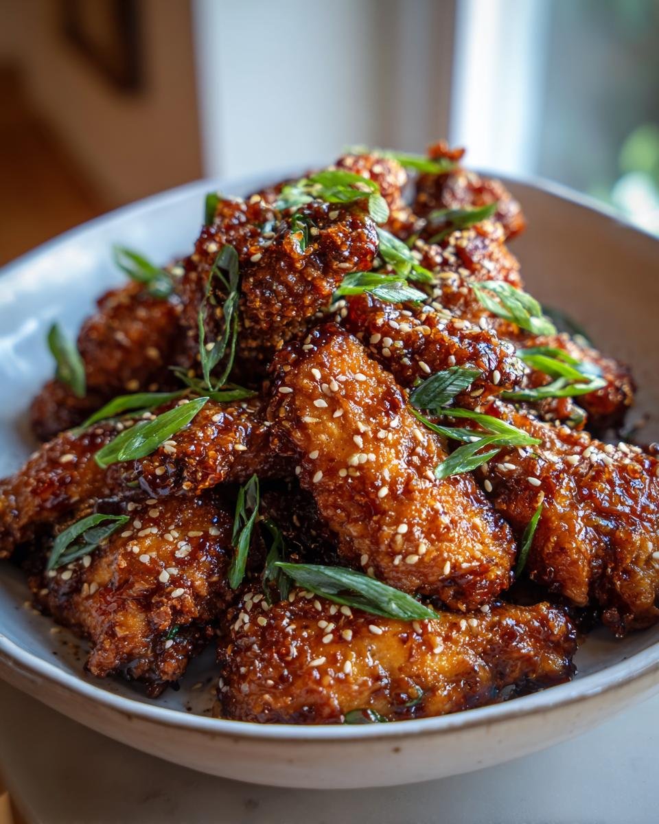 A close-up of a bowl filled with crispy Air Fryer Honey Garlic Chicken Wings, topped with sesame seeds and green onions.