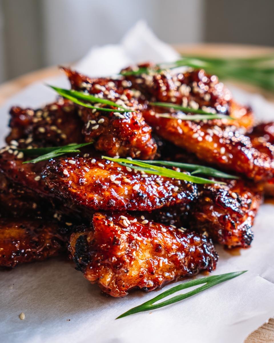 A close-up of delicious Air Fryer Honey Garlic Chicken Wings, glazed and sprinkled with sesame seeds and green onions.