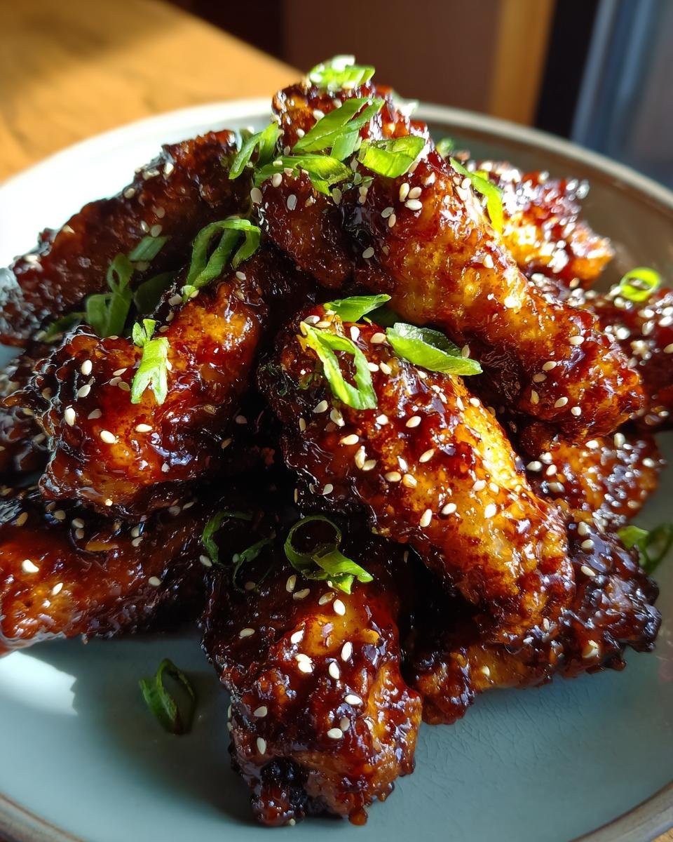 A close-up, stacked pile of glossy Air Fryer Honey Garlic Chicken Wings, sprinkled with sesame seeds and green onions.