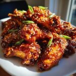 A plate piled high with glistening Air Fryer Honey Garlic Chicken Wings, sprinkled with sesame seeds and green onions.