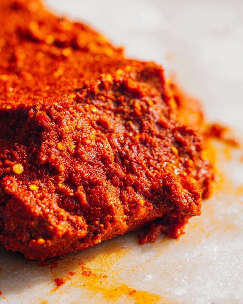 Close-up of a thick, vibrant red All Purpose Al Pastor Marinade paste with visible chili flakes.