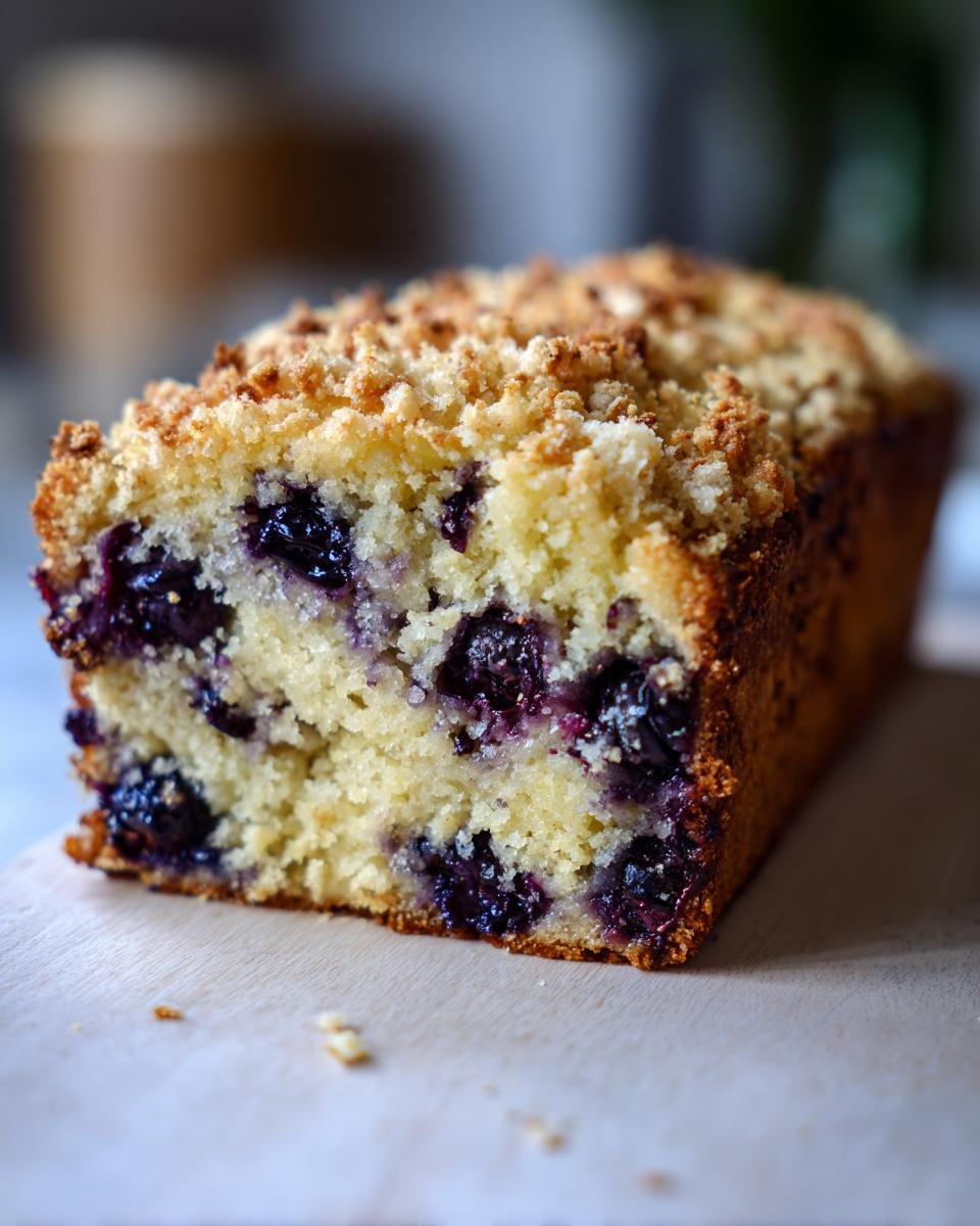 Close-up of a slice of Almond Cinnamon Crunch Blueberry Banana Bread showing moist crumb and blueberry pockets.