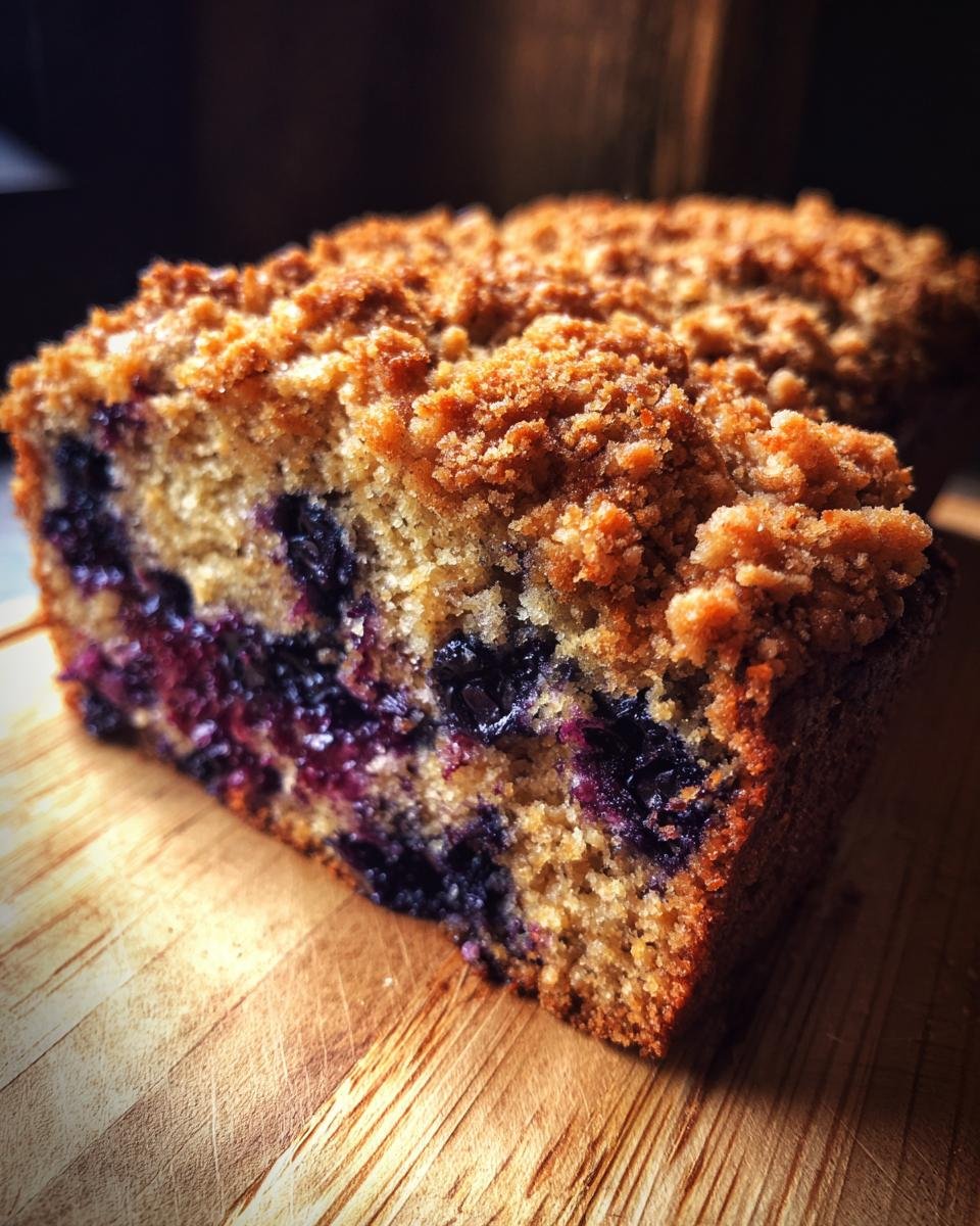 Close-up of a slice of Almond Cinnamon Crunch Blueberry Banana Bread showing moist crumb and streusel topping.
