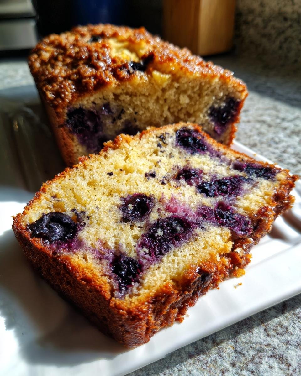 Close-up of a moist slice of Almond Cinnamon Crunch Blueberry Banana Bread showing dark blueberries.