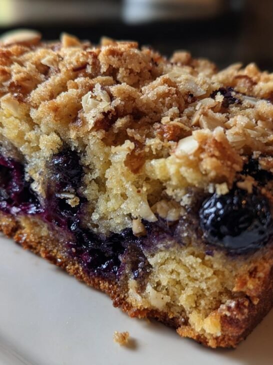 Close-up of a slice of Almond Cinnamon Crunch Blueberry Banana Bread showing moist cake, blueberries, and crunchy topping.