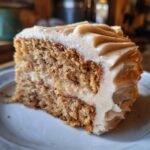 A slice of moist Apple Cider Cake with Cinnamon Maple Buttercream frosting, showing the cake's texture and creamy frosting.