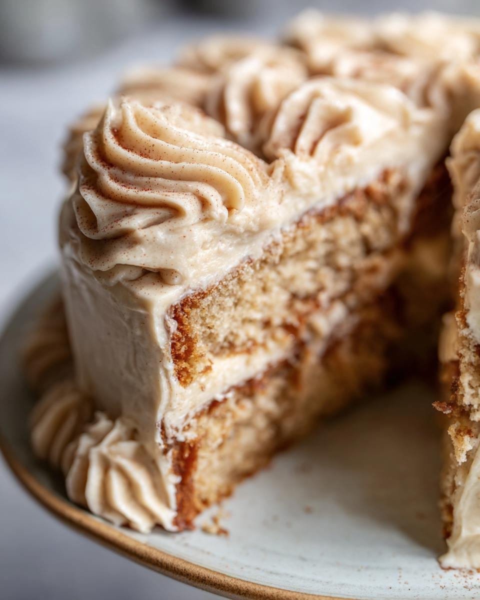 A slice of Apple Cider Cake with Cinnamon Maple Buttercream, showing layers of cake and frosting.
