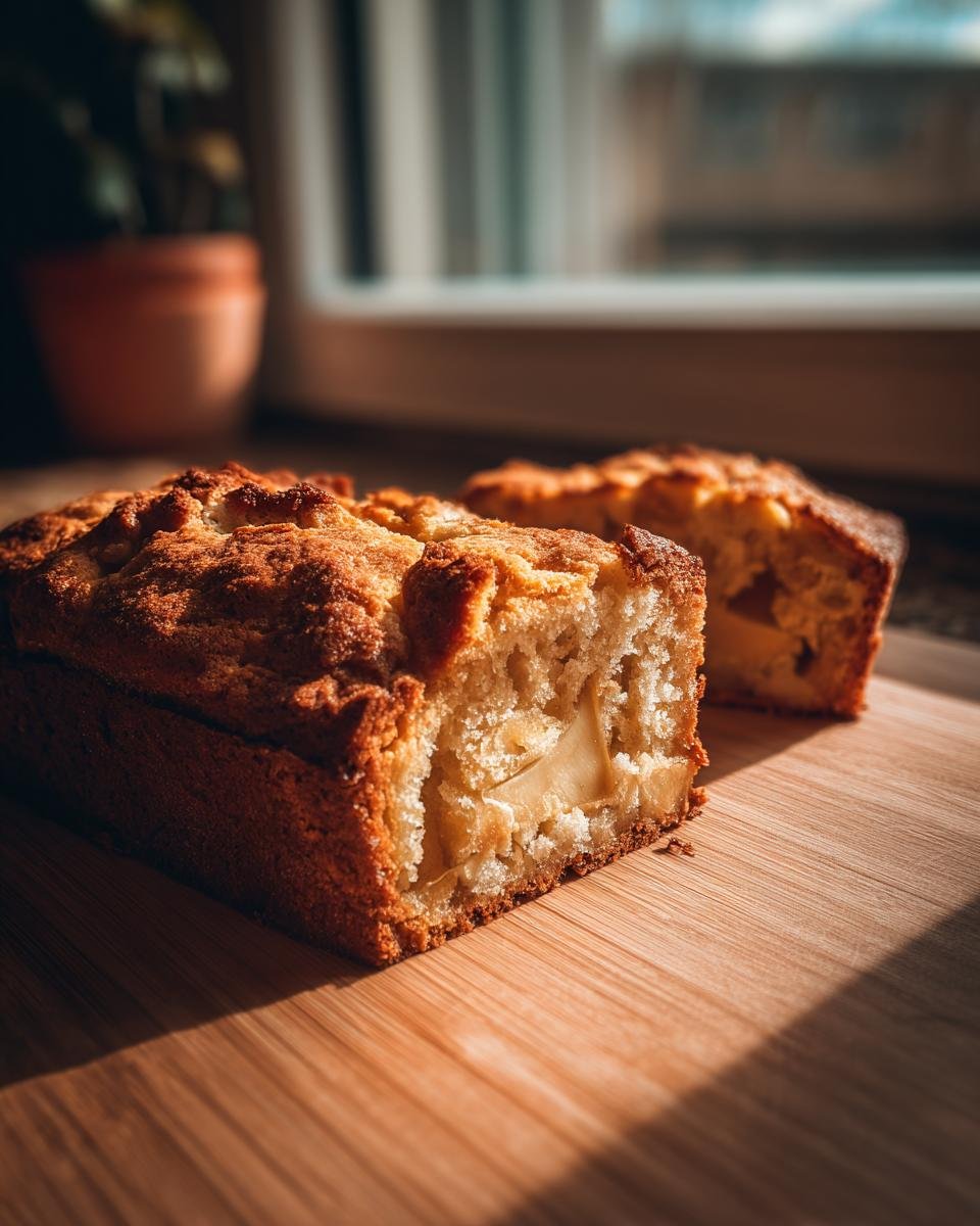 A slice of moist Apple Cinnamon Olive Oil Cake with visible apple chunks and a golden-brown crust.