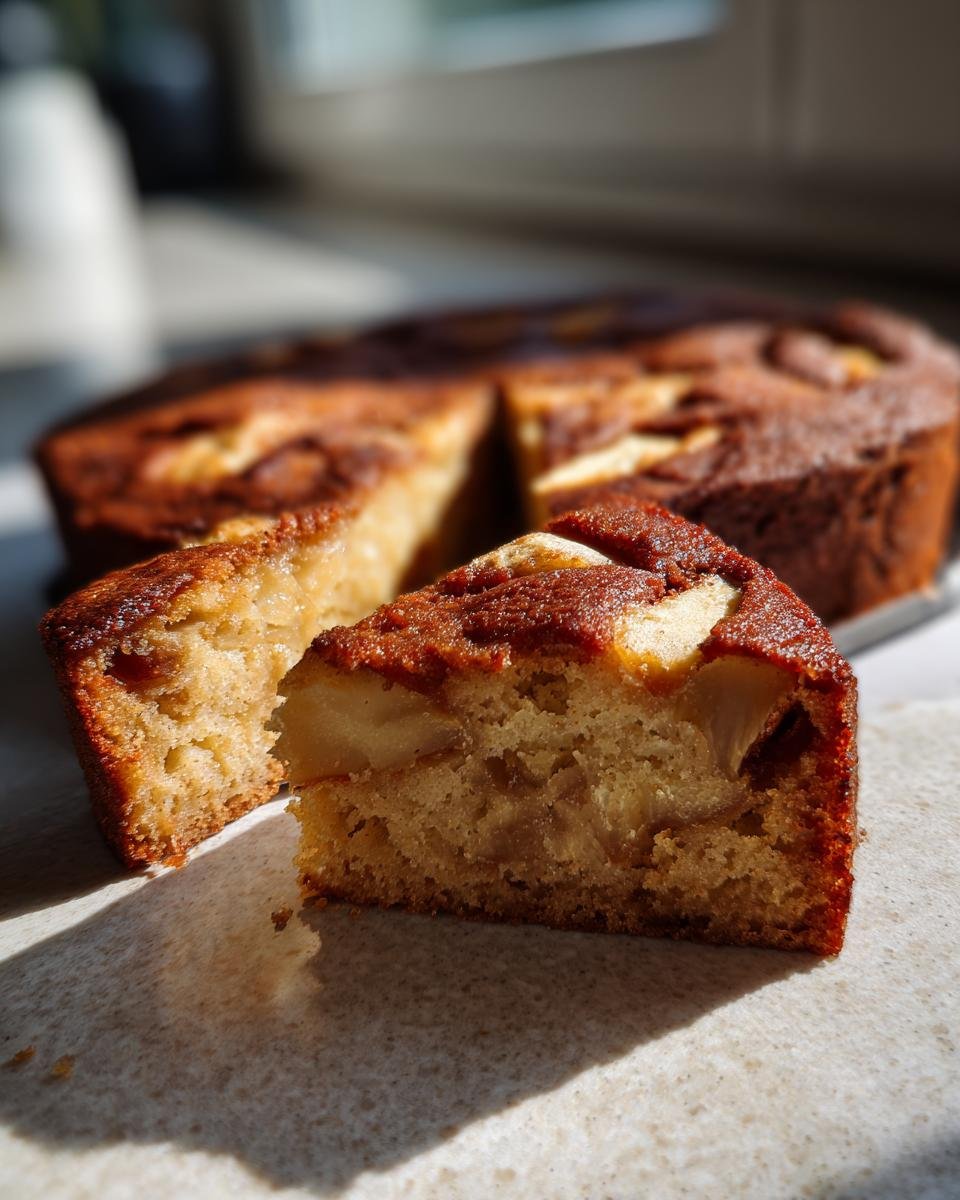 Close-up of a slice of Apple Cinnamon Olive Oil Cake, showing tender crumb and apple pieces.