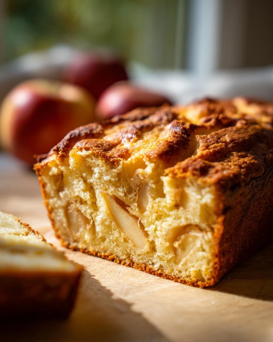 A close-up of a slice of Apple Cinnamon Olive Oil Cake, showing tender apple pieces within the moist crumb.