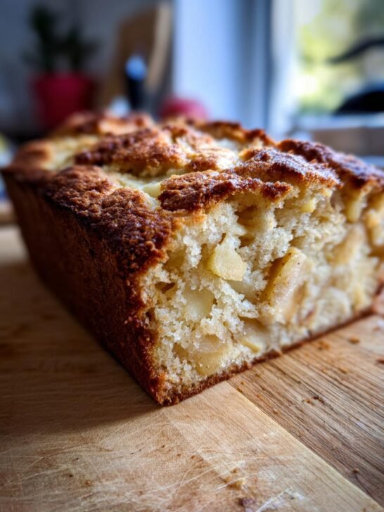 A close-up of a slice of Apple Cinnamon Olive Oil Cake showing chunks of apple and a golden-brown crumb.