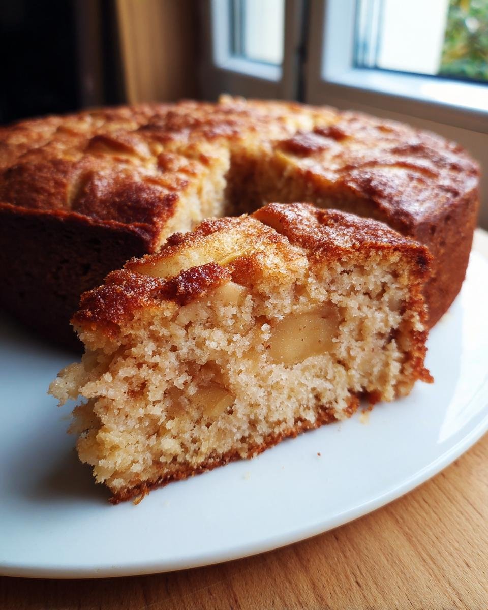 A slice of moist Apple Cinnamon Olive Oil Cake with visible apple pieces and a cinnamon-sugar topping.