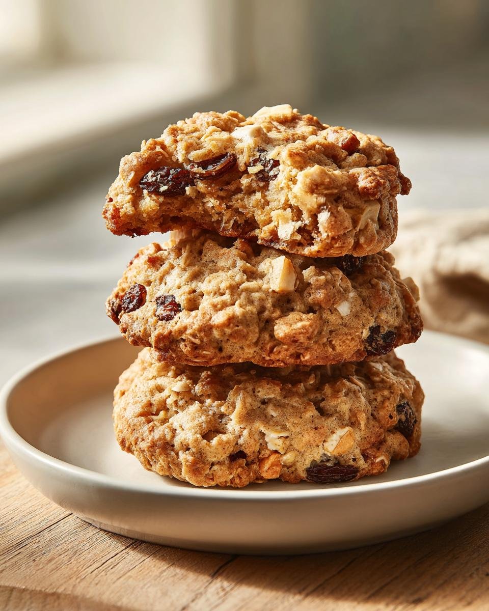 A stack of three chewy Apple Oatmeal Raisin Breakfast Cookies on a light ceramic plate.