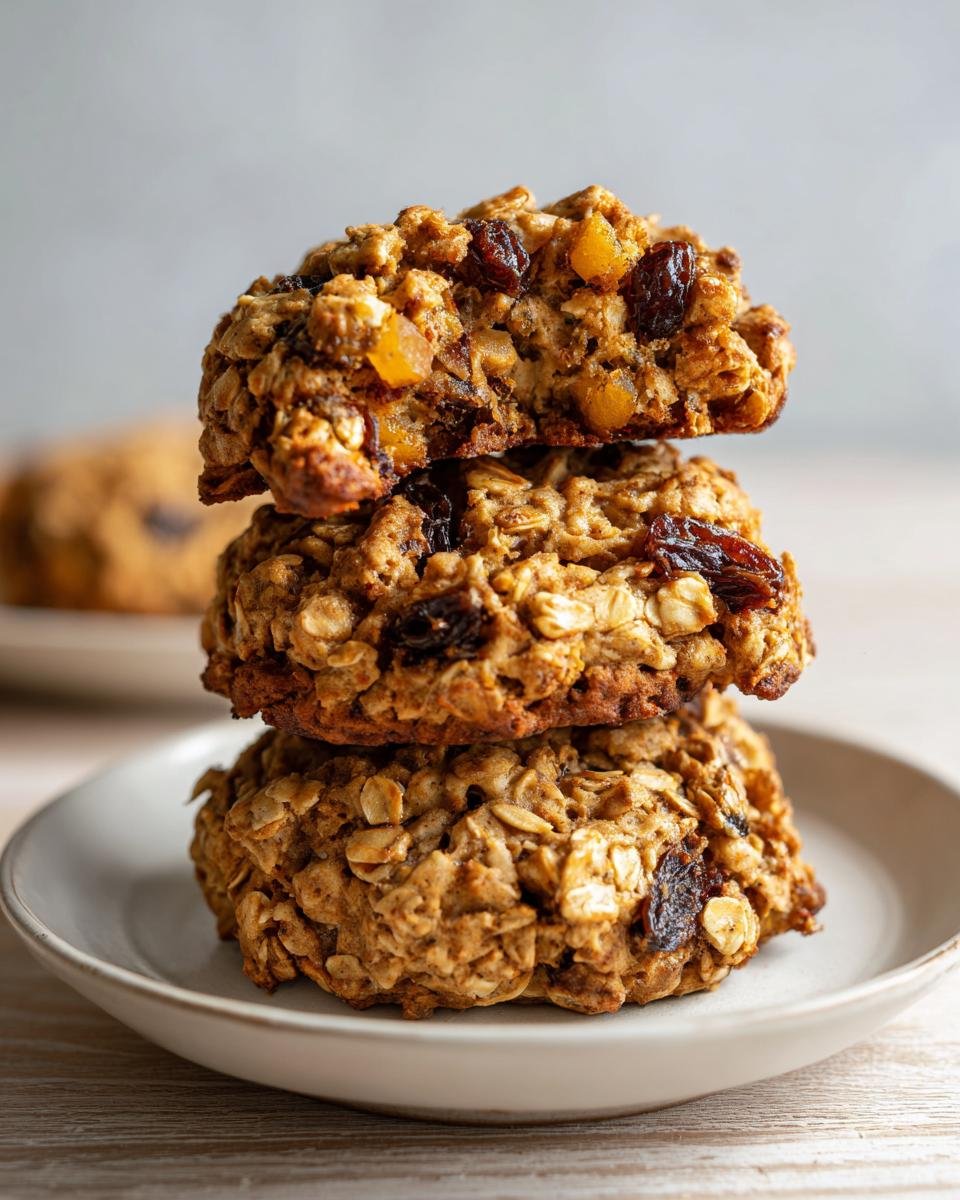 A stack of three thick Apple Oatmeal Raisin Breakfast Cookies showing visible oats, raisins, and apple chunks.