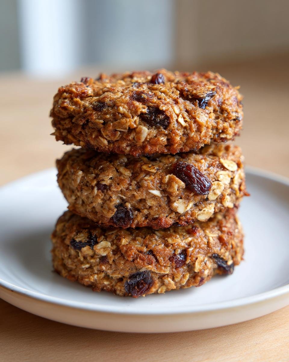 Three homemade Apple Oatmeal Raisin Breakfast Cookies stacked on a white plate.