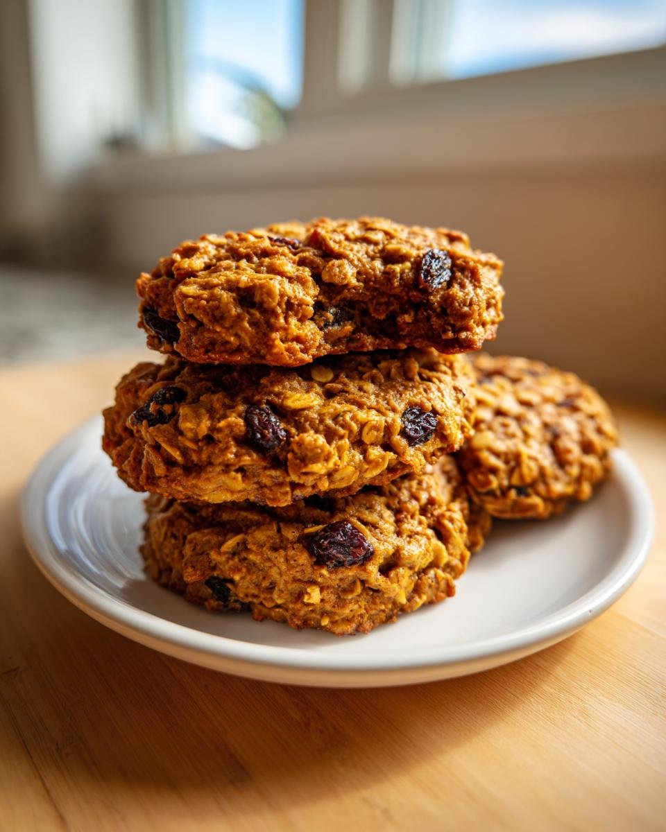 A stack of four textured Apple Oatmeal Raisin Breakfast Cookies with visible raisins on a small white plate.
