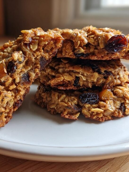 A stack of four hearty Apple Oatmeal Raisin Breakfast Cookies on a white plate.