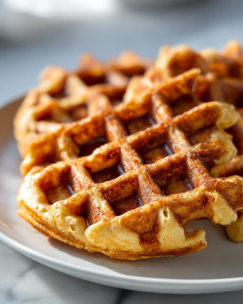 Close-up of golden Apple Spice Cornmeal Waffles dusted heavily with cinnamon sugar on a white plate.