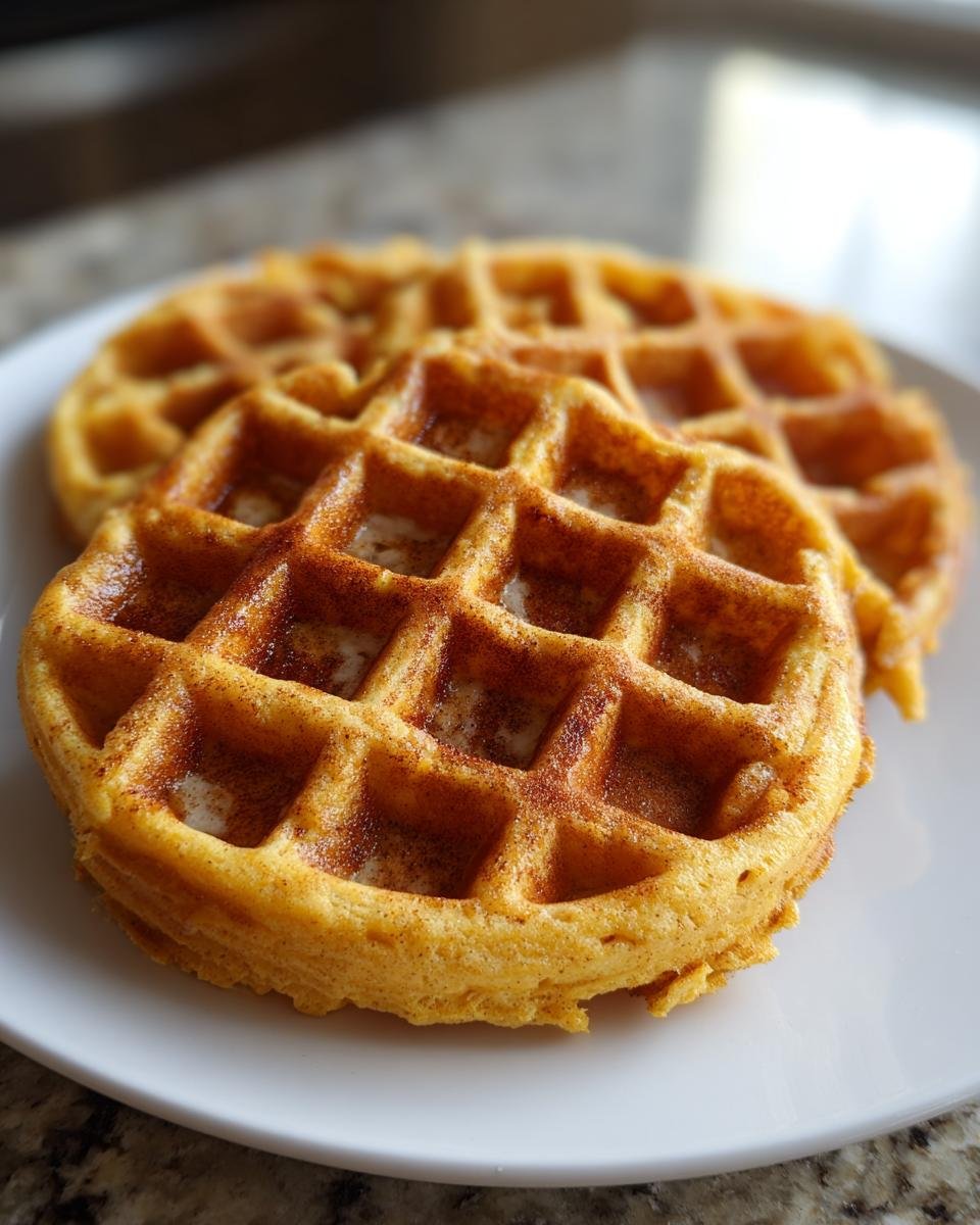 Two golden Apple Spice Cornmeal Waffles dusted heavily with cinnamon, resting on a white plate.