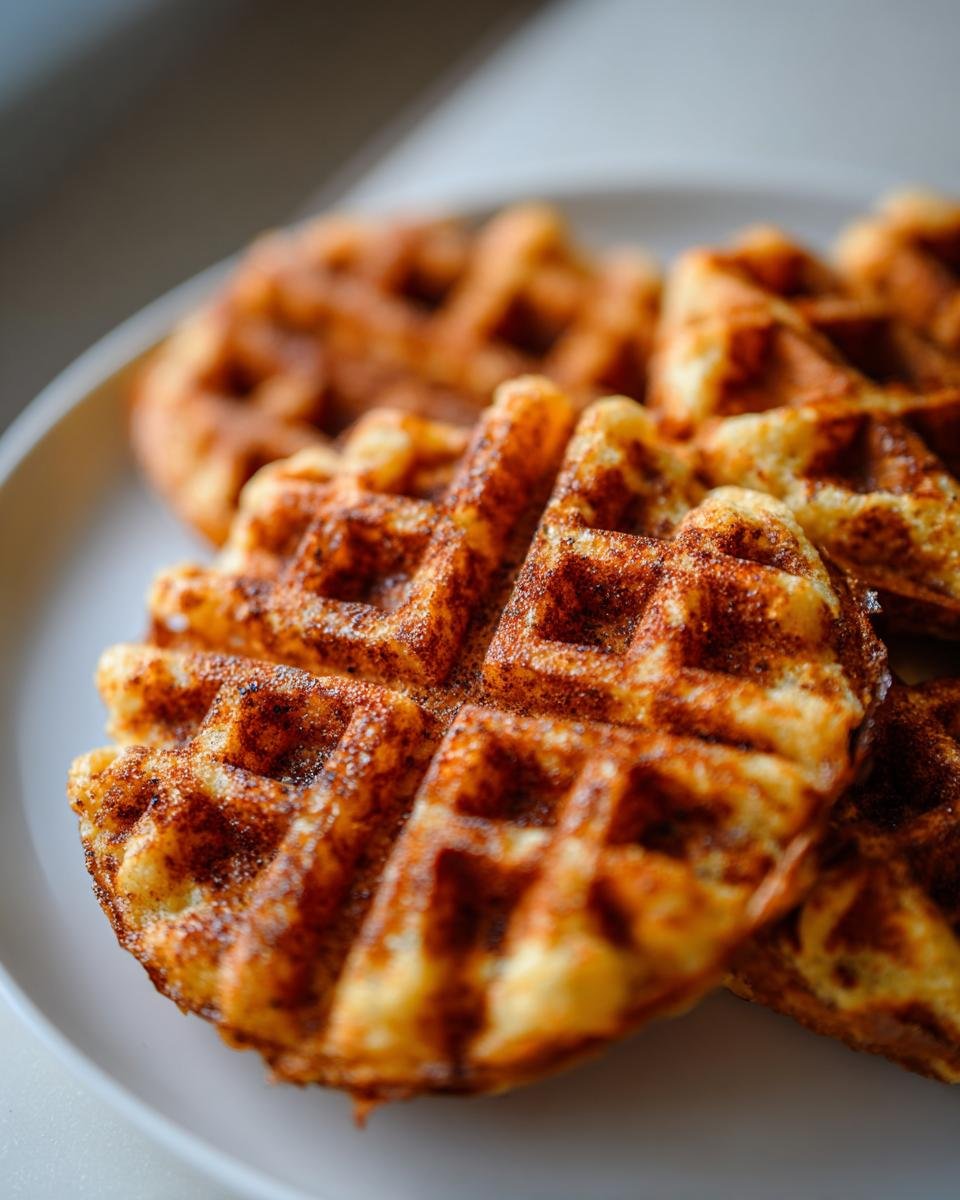 Close-up of golden Apple Spice Cornmeal Waffles dusted heavily with cinnamon sugar on a white plate.