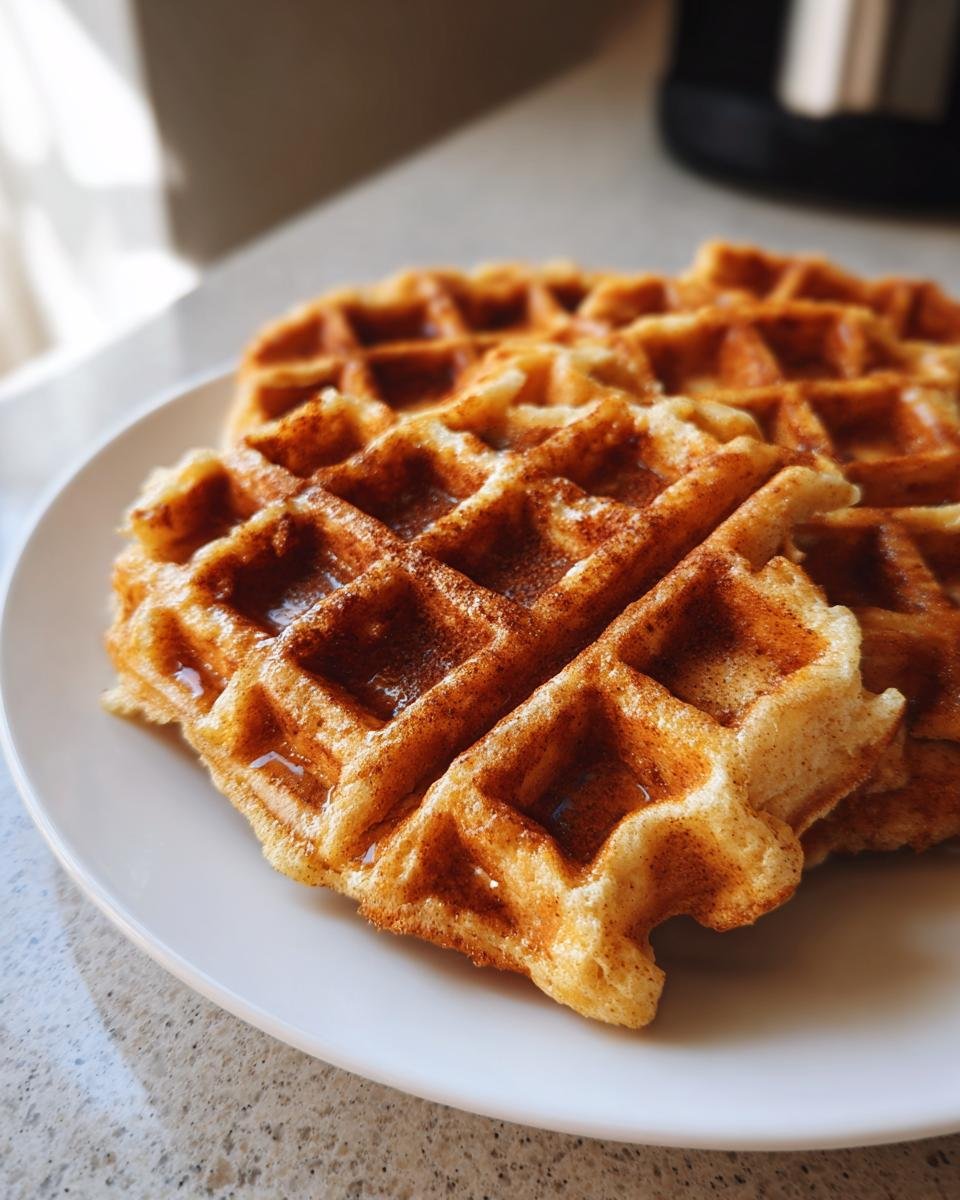 Close-up of golden brown Apple Spice Cornmeal Waffles drizzled with syrup on a white plate.