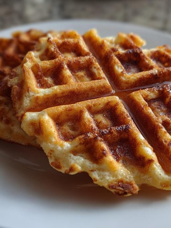 Close-up of golden brown Apple Spice Cornmeal Waffles drizzled with syrup on a white plate.