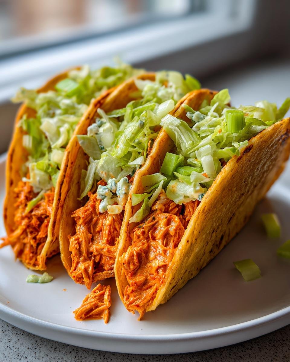 Three crispy tacos filled with orange shredded Buffalo chicken, topped with lettuce, celery, and blue cheese crumbles, representing Baked Buffalo Chicken Tacos Dairy Free.
