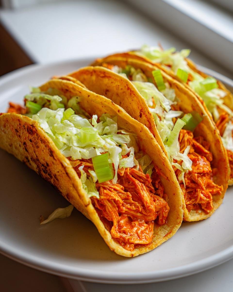 Close-up of three crispy Baked Buffalo Chicken Tacos Dairy Free filled with orange sauce chicken and shredded lettuce.