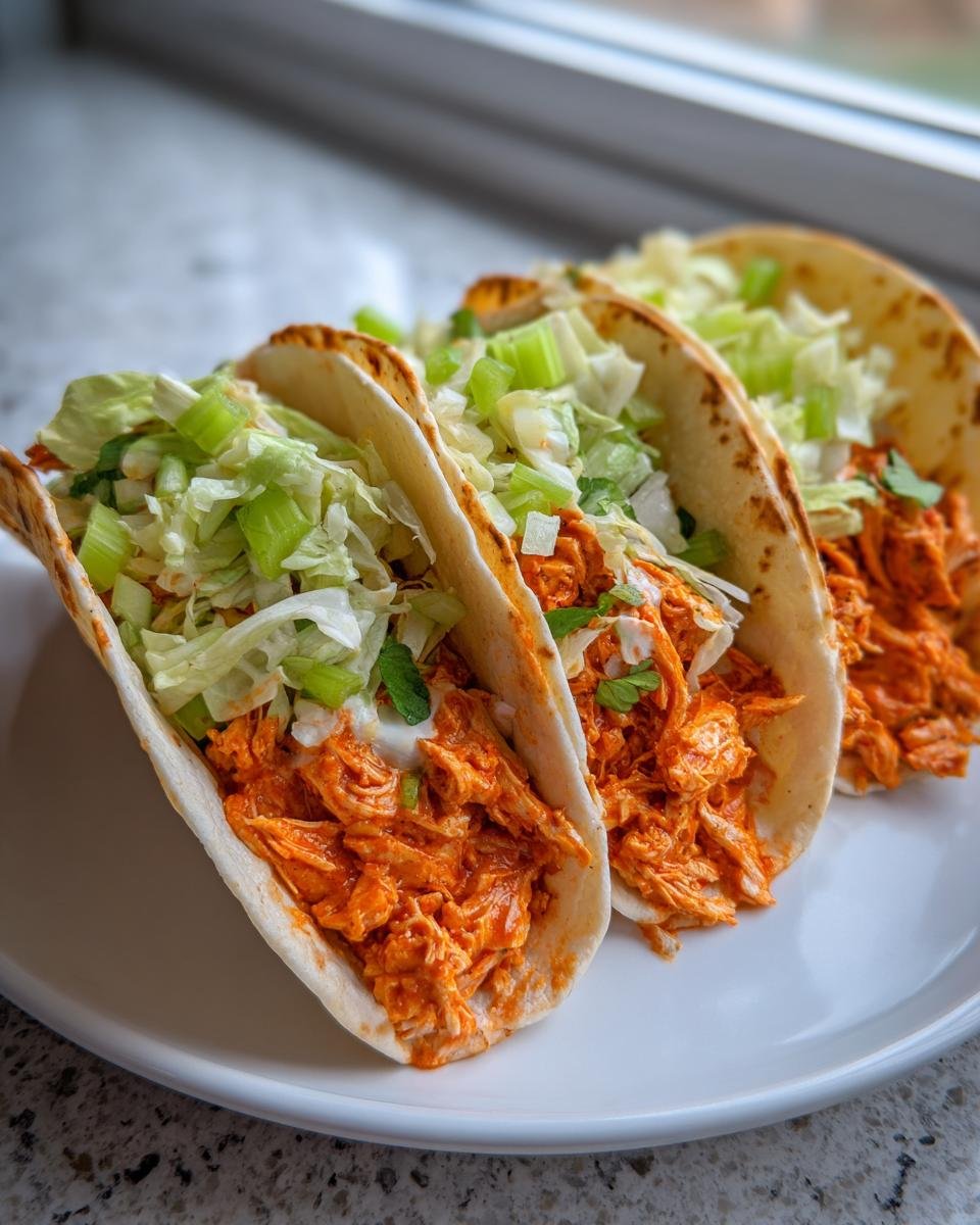 Three baked buffalo chicken tacos dairy free filled with spicy shredded chicken, lettuce, celery, and a dollop of white sauce.