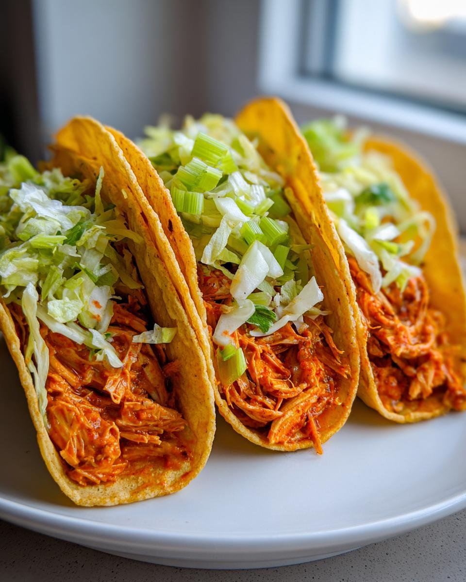 Close-up of three crispy tacos filled with shredded buffalo chicken and topped with lettuce and green onions for Baked Buffalo Chicken Tacos Dairy Free.