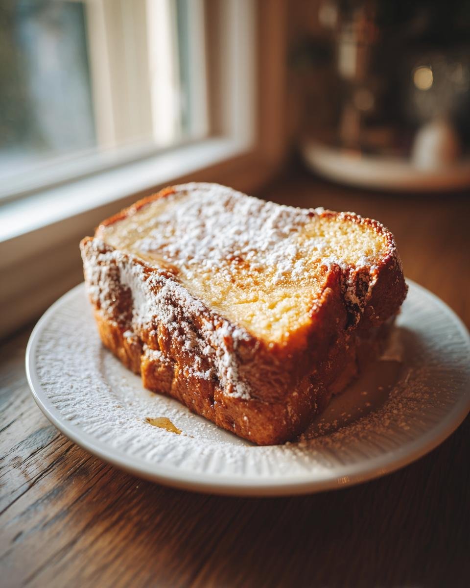 A thick slice of golden Baked Eggnog French Toast dusted heavily with powdered sugar, sitting on a white plate.