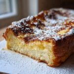 Close-up of a moist slice of Baked Eggnog French Toast, dusted heavily with powdered sugar.