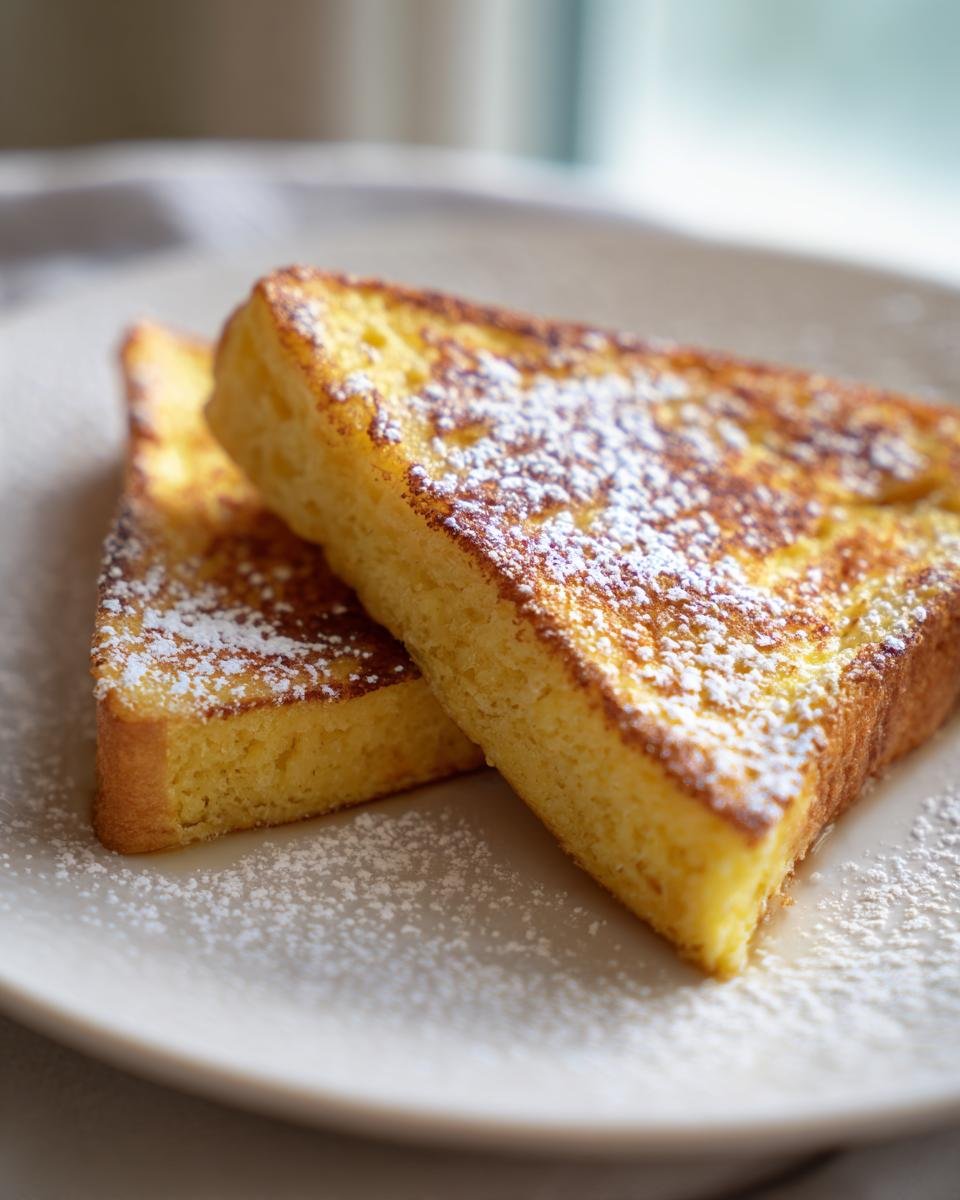Close-up of two golden slices of Baked Eggnog French Toast dusted generously with powdered sugar on a white plate.