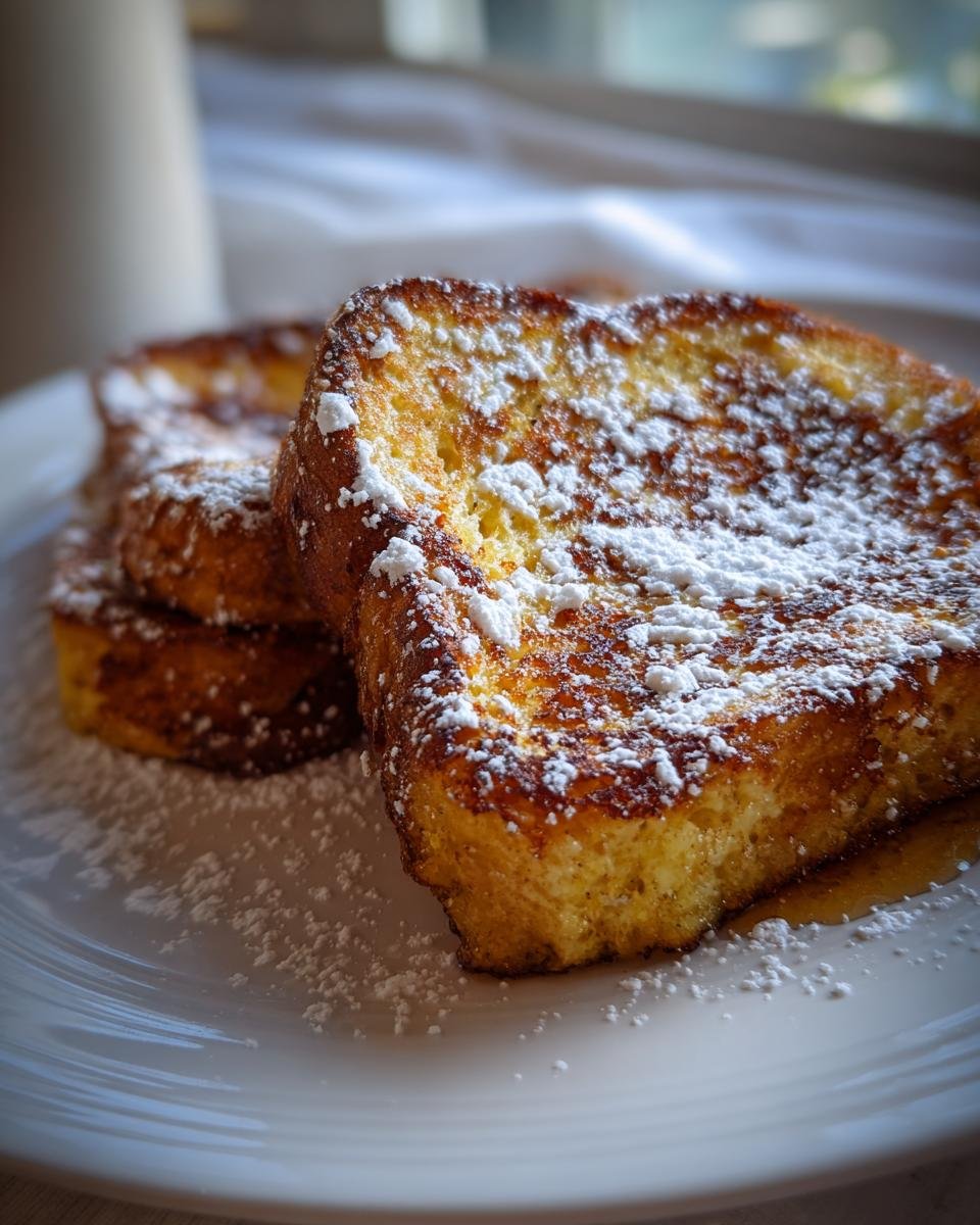 Close-up of three slices of golden brown Baked Eggnog French Toast dusted heavily with powdered sugar on a white plate.