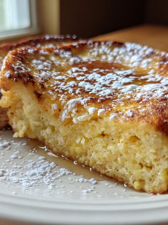 Two thick slices of golden brown Baked Eggnog French Toast topped with powdered sugar and syrup.