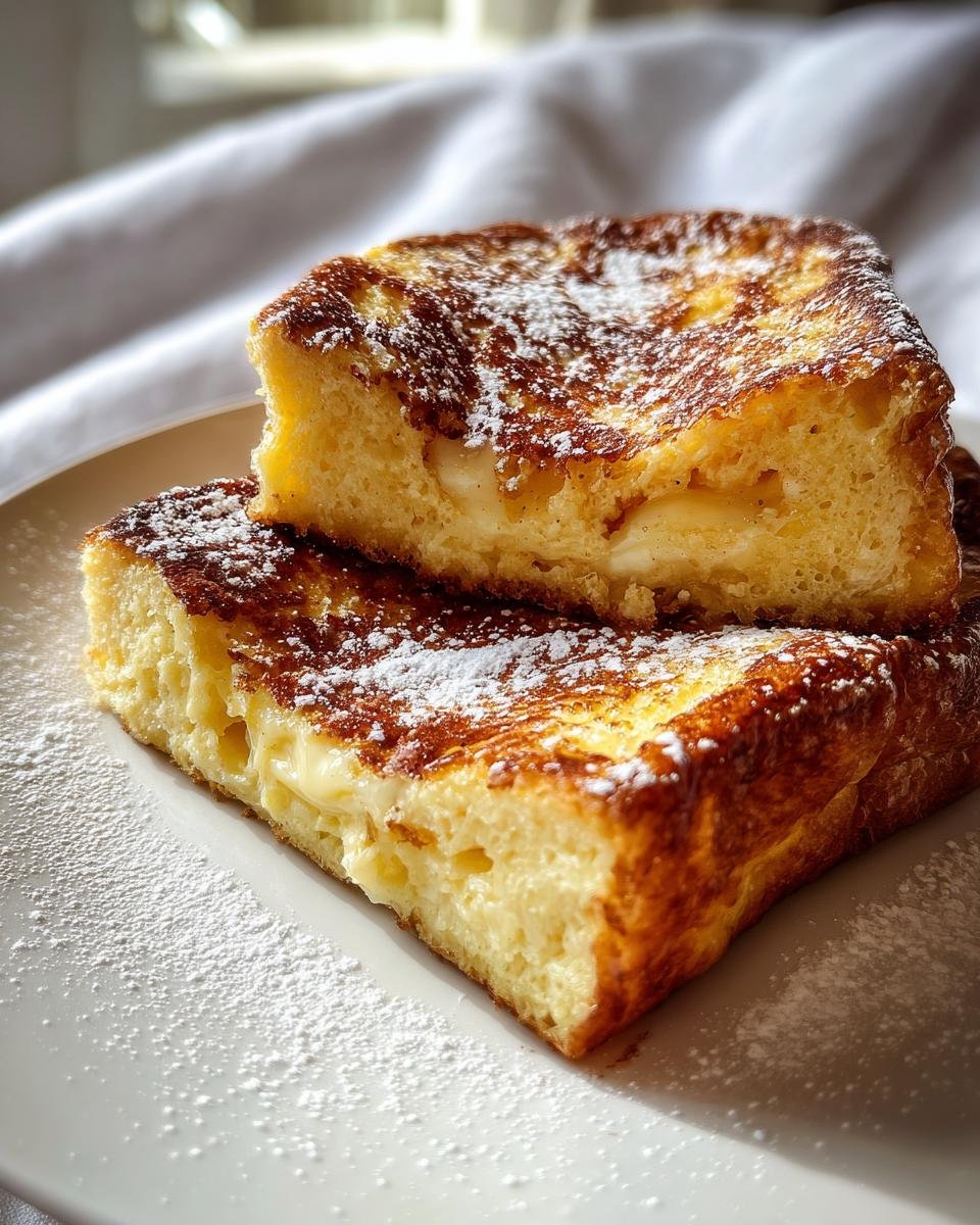 Two thick slices of golden brown Baked Eggnog French Toast dusted with powdered sugar.