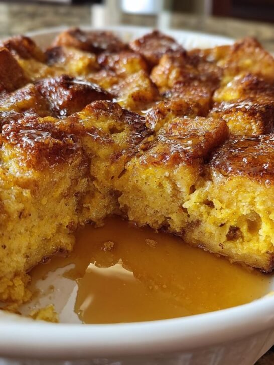 Close-up of a golden-brown Baked Pumpkin French Toast Casserole in a white dish, drizzled with syrup.